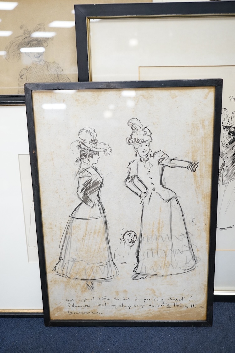Phil May (1864-1903), four monochrome ink and charcoal figural cartoons and caricatures to include ‘Garn’, each is signed, some with inscriptions, largest 36 x 25cm. Condition - fair